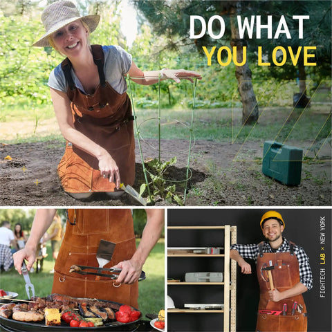Rugged Leather Welding Apron With Eleven Tool Pockets for Woodworking and Metalworking worn by gardener, carpenter, and cook.