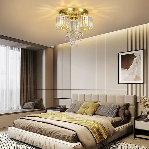 Three Light Semi Flush Mount Ceiling Fixture In Black And Gold With Crystal Accents Dope Modern Close To Ceiling Light For Kitchen Entryway Bedroom Bathroom And Foyer Industrial Glam Style