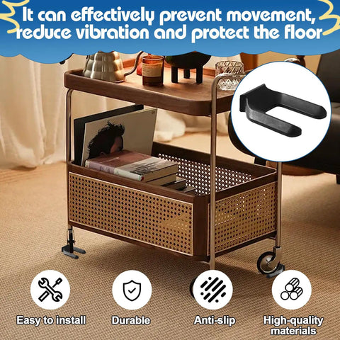 Rolling furniture with Six Pack Wheel Stopper Cups For 50mm Casters No Slip Floor Protectors visible on hardwood carpet