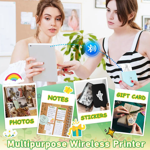 Two women using the Ultra Compact Mini Sticker Printer And Portable Wireless Craft Maker for Students, printing notes and stickers.