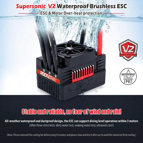 Waterproof 90A RC Brushless ESC submerged in water, showcasing IP67 all-weather protection for 1/10 scale RC cars.