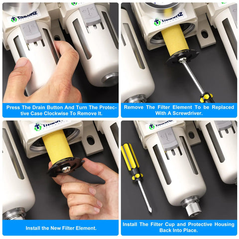 Instruction steps for Three Eighths Inch NPT Air Filter Regulator With Water And Oil Separator And Lubricator Cup installation