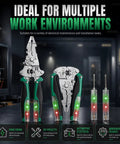 Heavy Duty 16 In 1 Foldable Wire Stripper With Integrated Voltage Tester Crimping Pliers And Screw Cutter displayed in a workshop setting, showcasing pliers and voltage tester.