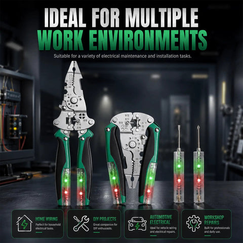 Heavy Duty 16 In 1 Foldable Wire Stripper With Integrated Voltage Tester Crimping Pliers And Screw Cutter displayed in a workshop setting, showcasing pliers and voltage tester.