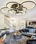 Living room with Modern 8 Ring LED Ceiling Light With Remote, Dimmable Circle Flush Mount Fixture, bright ambient lighting