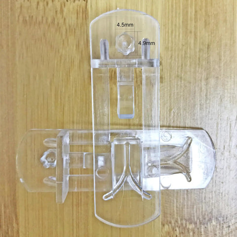 Clear plastic shelf pins for 4.9mm holes, part of Twenty Piece Set Self Locking Plastic Shelf Pins And Clips For Four Point Nine Millimeter Hole Size And Three Fourth Inch Thick Shelves Fits Kitchen Cabinets And Book Shelves Easy To Install, showing detailed measurements.