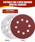 Front view of 5-inch red sanding disc with eight holes and grey backing for hook-and-loop random orbital sanders