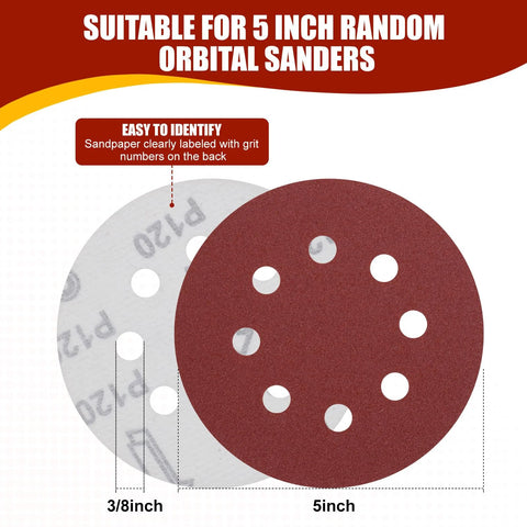 Front view of 5-inch red sanding disc with eight holes and grey backing for hook-and-loop random orbital sanders