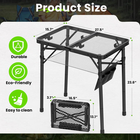 Adjustable Folding Camping Table With Three Height Levels Up To 27 Inches Perfect Grill Prep Table With Mesh Bag For Outdoor Dining