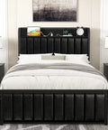 Chic Twin Platform Bed Frame With Upholstered Storage Headboard And Built In Charging Hub Heavy Duty Metal Slats No Box Spring Needed Pure Black view with pillows and decor.