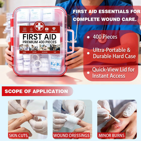 First aid kit TLIEAO 400-piece red durable hard case with clear lid