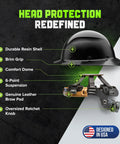 Fiber Reinforced Resin Full Brim Safety Helmet With 6 Point Suspension For All Day Comfort And Impact Protection Built To Last On Any Job Site Black Work Gear For Construction And Industrial Jobs, labeled parts illustration