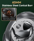 40mm stainless steel conical burr from Ditch The Clutter And Ditch The Static With This Sharp Conical Burr Coffee Grinder.