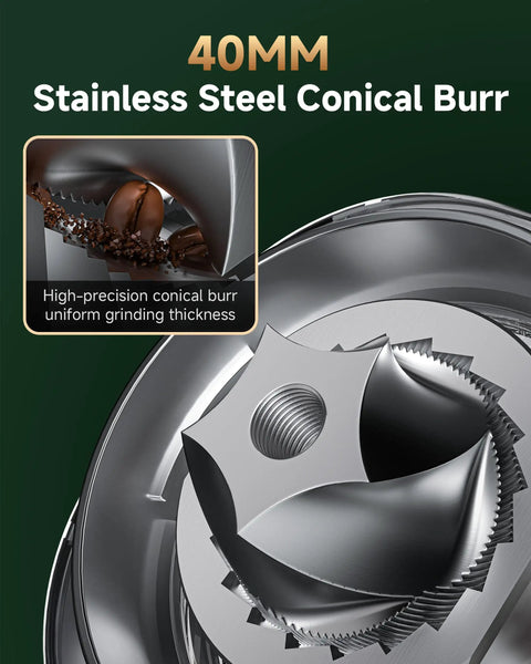 40mm stainless steel conical burr from Ditch The Clutter And Ditch The Static With This Sharp Conical Burr Coffee Grinder.