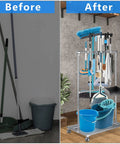 Stainless Steel Movable Broom Holder Organizer For Closet Storage And Mop Rack Floor Standing Cleaning Supplies Cart Durable And Easy To Install For Garden Garage Schools Hotels Hospitals Factories And Restaurants before and after use