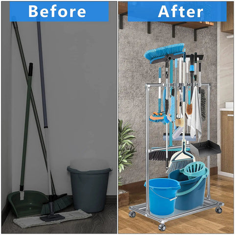 Stainless Steel Movable Broom Holder Organizer For Closet Storage And Mop Rack Floor Standing Cleaning Supplies Cart Durable And Easy To Install For Garden Garage Schools Hotels Hospitals Factories And Restaurants before and after use