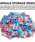 Close-up of colored capsules from 100 Piece Tire Repair Screw Plug Kit With 3 Sizes And Screwdriver, Quick Self Service Puncture Repair