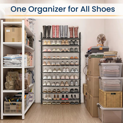 Heavy Duty 10 Tier Shoe Rack Garage Storage Maxes Out Your Space Fitting 44 Pairs Of Adult Kicks With Ease Black Steel Vertical Organizer For Apartments Mudrooms And Closets