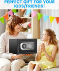 Woman and child holding Compact Home Safe Box 0.30 Cu Ft Mini Safe With Digital Keypad, Fireproof Waterproof Bag.