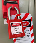 50 Keyed Differing Lockout Tagout Locks With 50 Unique Keys And 50 Tags For Compliance, red lock with safety tag attached.