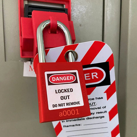 50 Keyed Differing Lockout Tagout Locks With 50 Unique Keys And 50 Tags For Compliance, red lock with safety tag attached.