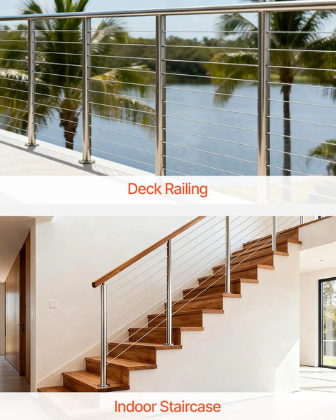 Deck and indoor staircase featuring One Eighth Inch Stainless Steel Cable Railing Kit With Six Hundred Feet Of 316 Marine Grade Wire Built Tough For Outdoor Handrails Stairs Decks And Fences Includes Cutter And Gloves 1600 Lbs Breaking Strength 7x7 Strand.