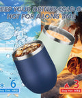 12oz Double Wall Vacuum Insulated Stemless Wine Tumbler With Straw And Lid Stainless Steel Cup showing cooling and heating properties.