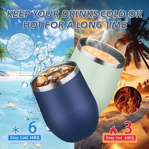 12oz Double Wall Vacuum Insulated Stemless Wine Tumbler With Straw And Lid Stainless Steel Cup showing cooling and heating properties.