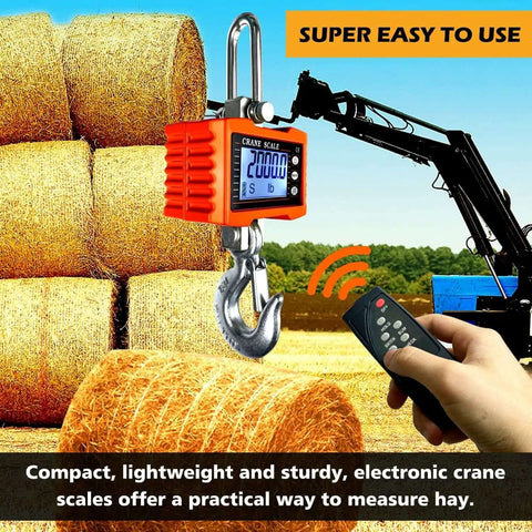 Beefy Digital Crane Scale With 1000 Kg Capacity 2200 Lb High Precision 0.2 Kg Increments Aluminum Case Remote Control hanging in field.