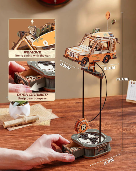 Dope Pendulum Balance Toy 3D Wooden Puzzle Kit For Adults, Retro Road Tripper Car Design, DIY craft wood puzzle, 14.7in desk model