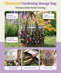 10-Piece Garden Tool Set With Pro-Grade Stainless Steel Rust-Proof Tools in a floral print multi-pocket tote bag outdoors