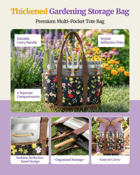 10-Piece Garden Tool Set With Pro-Grade Stainless Steel Rust-Proof Tools in a floral print multi-pocket tote bag outdoors