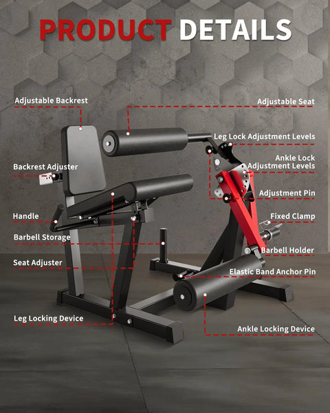 Leg Extension And Curl Machine With 700 Lbs Capacity Four In One Home Gym Leg Workout Adjustable Leg Extension And Curl Resistance Band Pegs Black and Red, showing adjustable backrest and seat