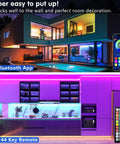 130ft Bluetooth RGB LED Strip Lights With App Control installed in modern kitchen and outdoor patio, showcasing color lighting.