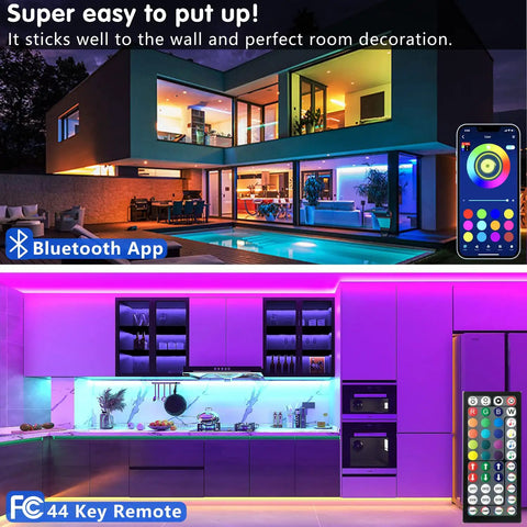 130ft Bluetooth RGB LED Strip Lights With App Control installed in modern kitchen and outdoor patio, showcasing color lighting.