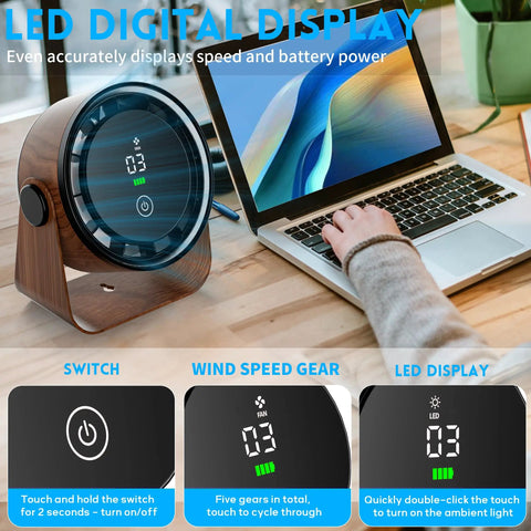 LED display of Compact Desk Fan With 5000mAh Rechargeable Battery, Retro Low Noise Portable Table Fan on a wooden desk by laptop