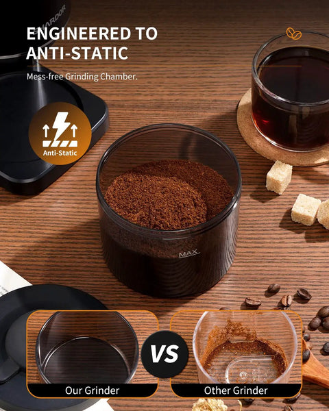 Kidisle Conical Burr Coffee Grinder With 35 Precision Settings Anti Static Design for espresso drip and French press, featuring clear grinding chamber.