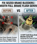 Before and after comparison of seized brake bleeders, highlighting 1/8 NPT Solid Brass Brake Bleeder Screw Kit for smooth brake service.