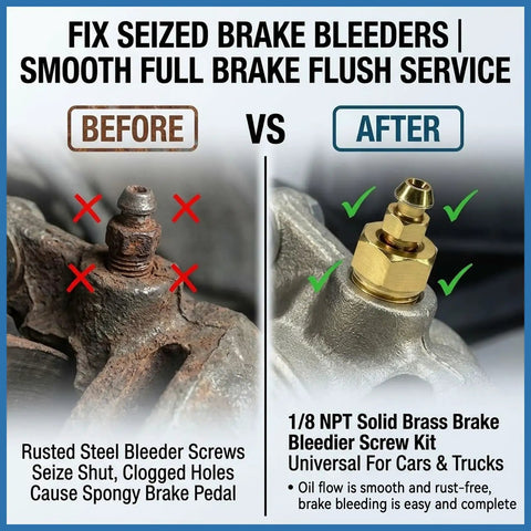 Before and after comparison of seized brake bleeders, highlighting 1/8 NPT Solid Brass Brake Bleeder Screw Kit for smooth brake service.