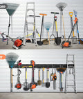 Before and After of 64 Inch Adjustable Garage Tool Organizer Wall Mounted Storage System With 10 Hooks Heavy Duty Steel Garden Tool Holder