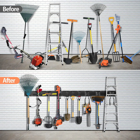 Before and After of 64 Inch Adjustable Garage Tool Organizer Wall Mounted Storage System With 10 Hooks Heavy Duty Steel Garden Tool Holder