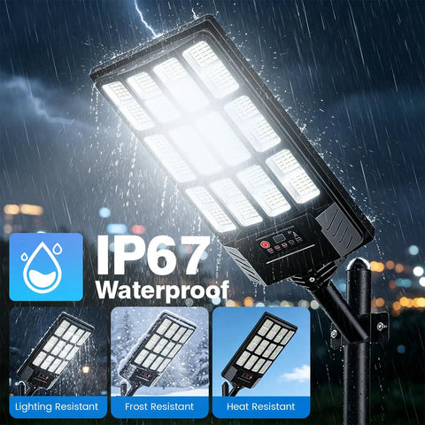 Heavy Duty 4 Pack Solar Street Lights Outdoor Waterproof Rock Solid Motion Sensor Floodlights in rain, showcasing IP67 waterproof rating.