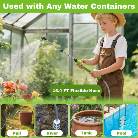 Child using Electric Sprayer Wand With 29 Inch Reach, 3 Adjustable Nozzles, Telescoping Garden Sprayer Tool with 16 Foot Hose in garden.