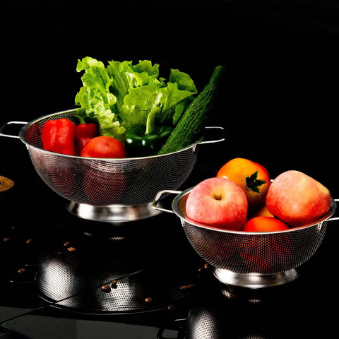 Stainless Steel Colander 3 Quart Strainer with fresh vegetables and fruits, ideal for kitchen food prep, dishwasher safe