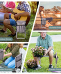 Collage of Go To Garden Kneeler And Seat Foldable Gardening Stool used in outdoor activities with 2 tool pouches and foam pad