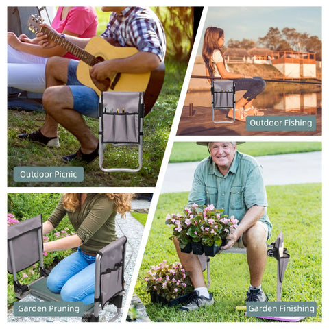 Collage of Go To Garden Kneeler And Seat Foldable Gardening Stool used in outdoor activities with 2 tool pouches and foam pad
