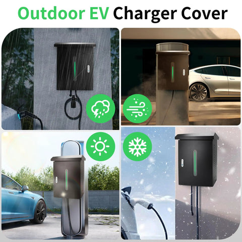 Outdoor EV Charger Lock Box Hella Secure Storage Enclosure Featuring A Crystal Clear Viewable Window For Tesla Wall Connectors and Universal Electric Vehicle Plugs Weatherproof Dope Cover Bottom Cable Access Door Simple Install For Your Daily Driver in various weather conditions.