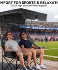 Two Person Camping Chair With Canopy Shade, Oversized Heavy Duty Loveseat at sports event, featuring headrest support and cup holders