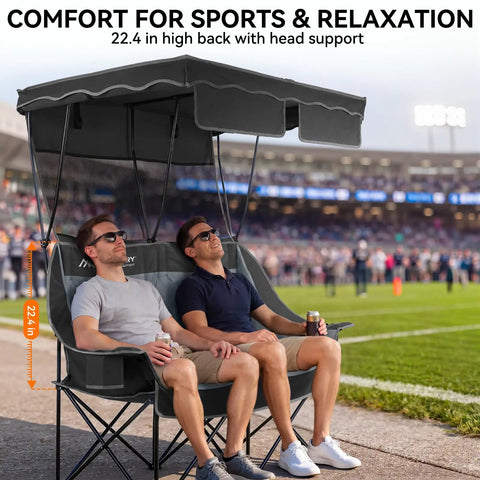 Two Person Camping Chair With Canopy Shade, Oversized Heavy Duty Loveseat at sports event, featuring headrest support and cup holders