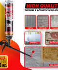 Supercharged Expanding Foam Insulation And Premium Gap Sealant Spray 30 Oz Cans 12 Pack shown with various surfaces including metal, drywall, and concrete.